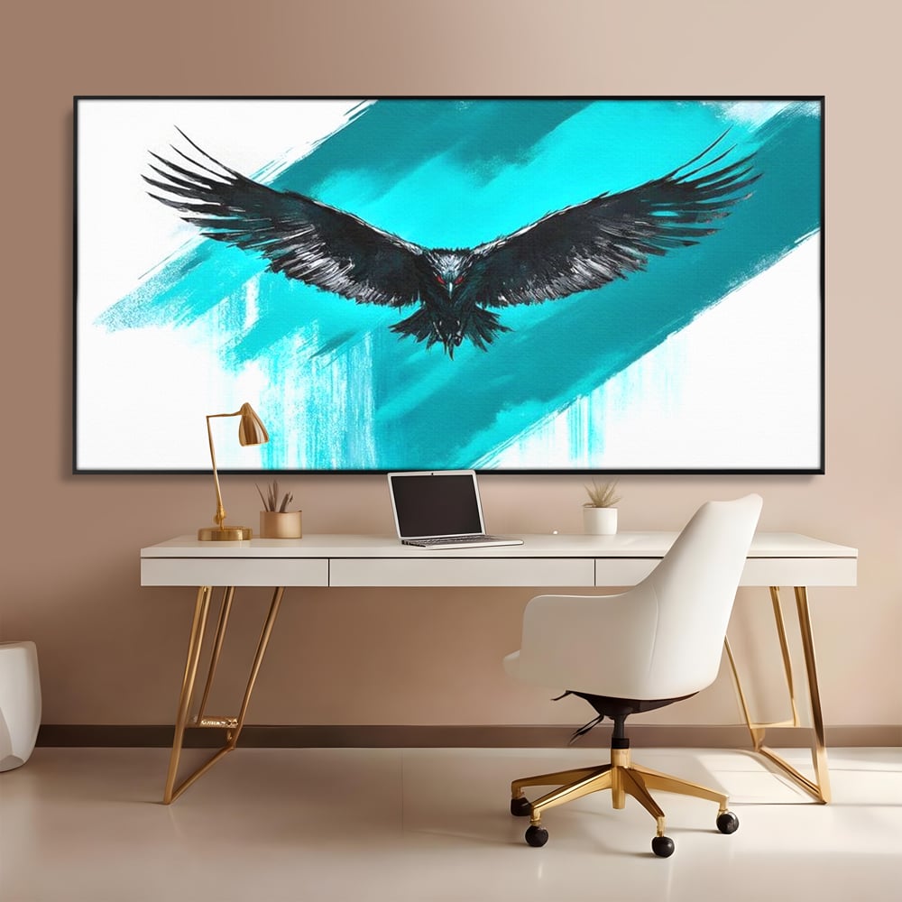 Tablou canvas cu tablou canvas cu vultur in zbor, in rama de aluminiu negru, pe perete intr-un birou